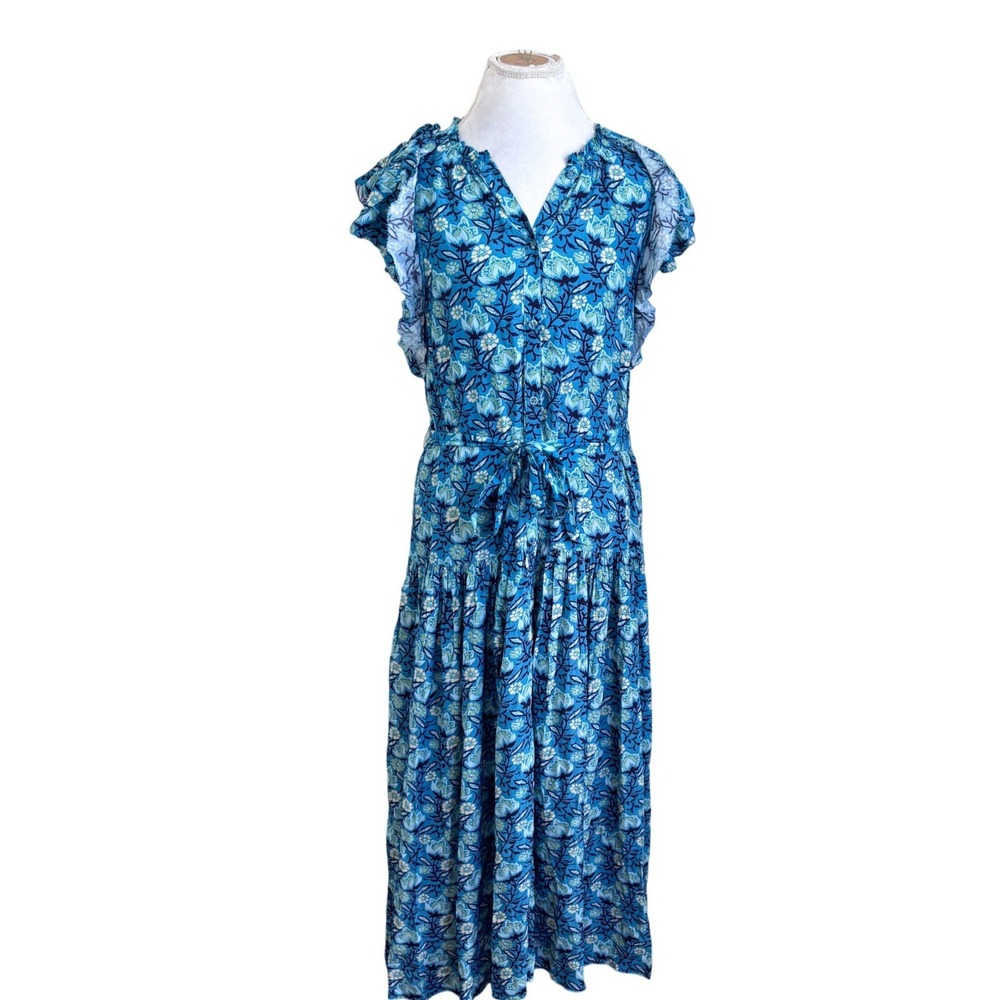 Sundance Tierra Floral Block Print Midi Dress‎ Size M Blue Boho Flutter Sleeve